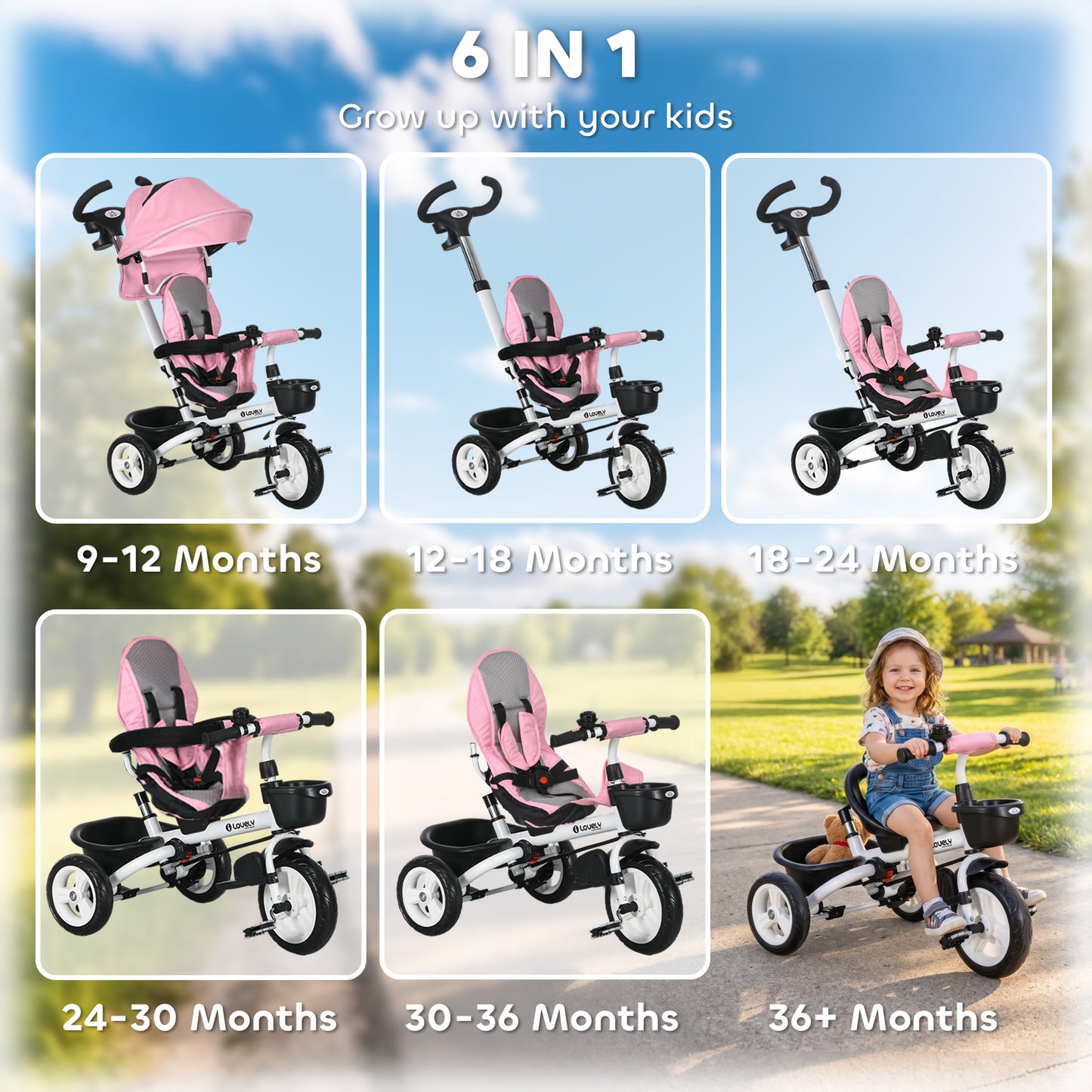 Metal Frame 6 in 1 Baby Push Tricycle with Parent Handle for 1-5 Years Old, Pink