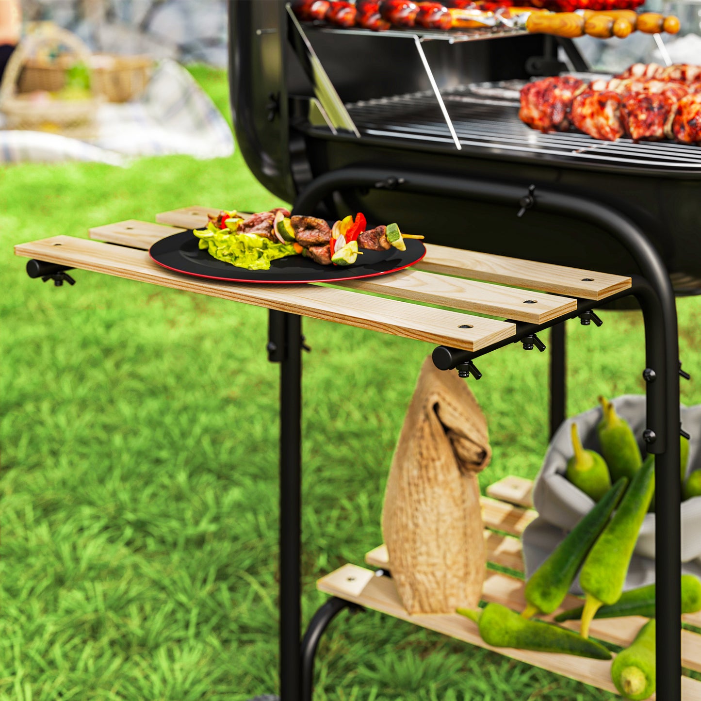 Charcoal Barbecue Grill Portable BBQ Grill with 1840 cm² Cooking Area, 3 Shelves, Adjustable Vent, Lockable Lid