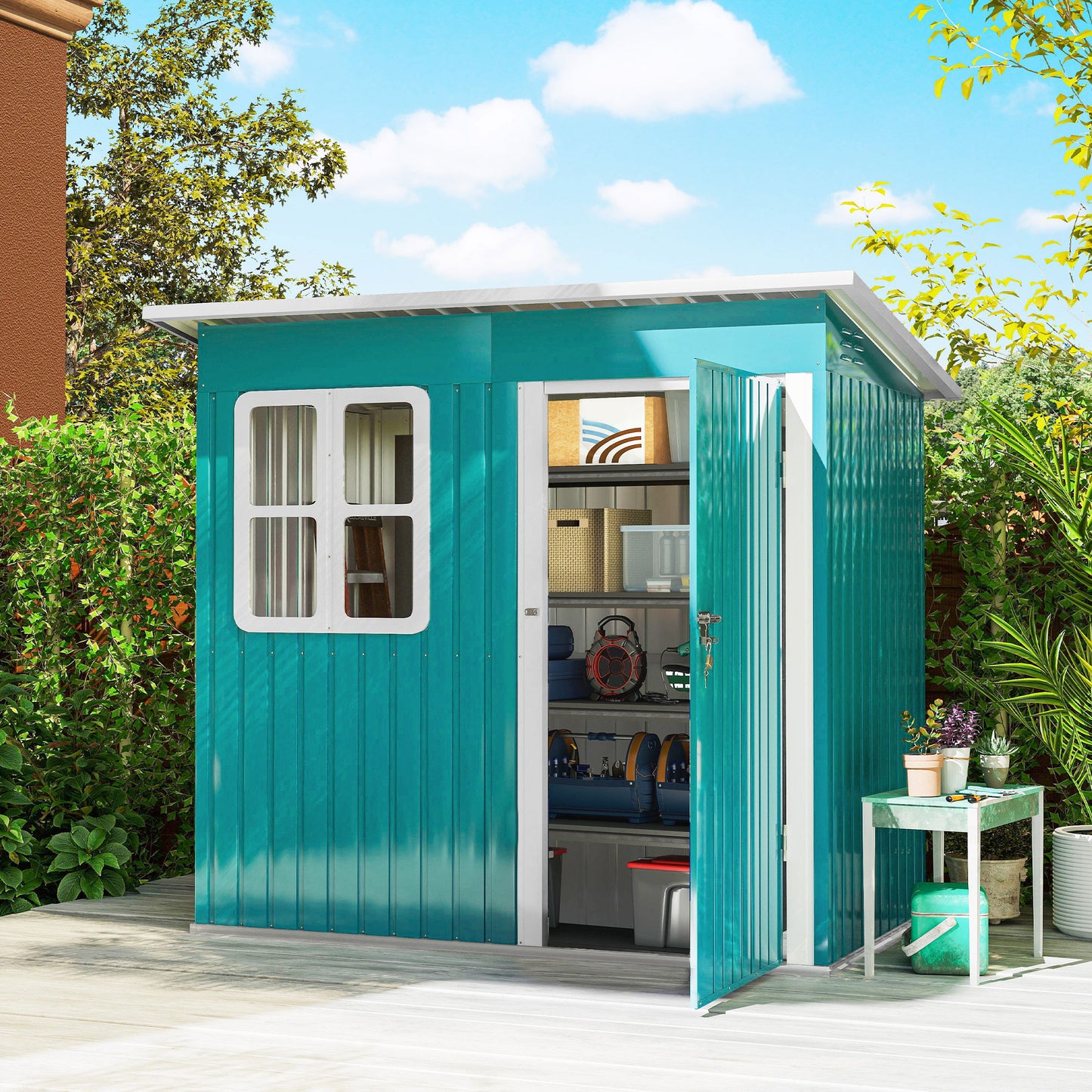 7 x 4ft Galvanised Steel Garden Shed, with Lock, Gloves and Foundation Kit - Green