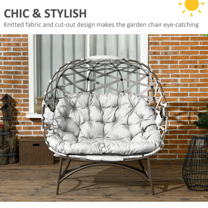2 Seater Egg Chair Outdoor, Folding Weave Garden Furniture Chair with Cushion, Cup Pockets - Light Grey