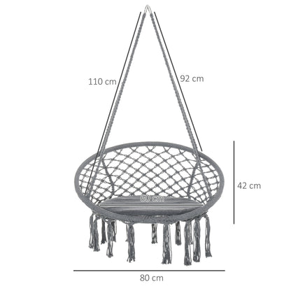 Outdoor Cotton-Polyester Blend Macrame Hanging Rope Chair with Cushion, Portable Garden Chair with Fringe Tassels for Patio