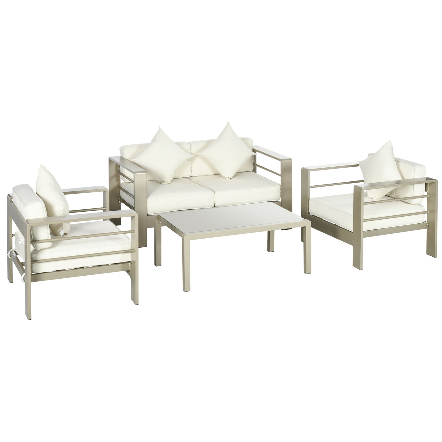 4 Pieces Outdoor Garden Furniture Set, Aluminium Frame Backyard Furniture w/ Thick Padded Cushioned Loveseat, 2 Chairs