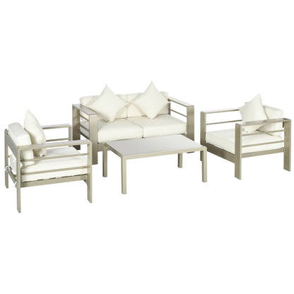 4 Pieces Outdoor Garden Furniture Set, Aluminium Frame Backyard Furniture w/ Thick Padded Cushioned Loveseat, 2 Chairs