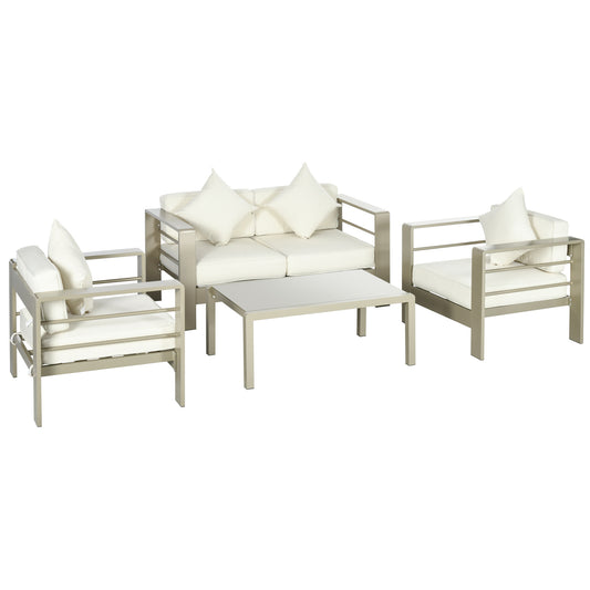 4 Pieces Outdoor Garden Furniture Set, Aluminium Frame Backyard Furniture w/ Thick Padded Cushioned Loveseat, 2 Chairs