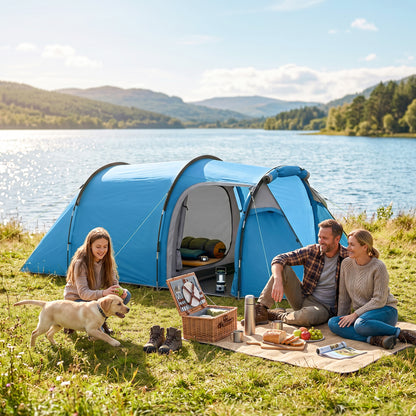 2 Man Tunnel Tent with Sewn-in Groundsheet, Air Vents, Rainfly, 2000mm Large Camping Tent with Bedroom, Porch