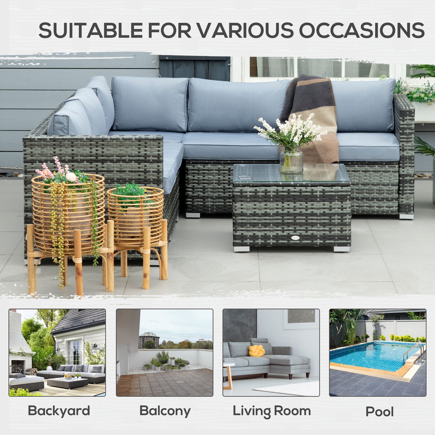 Four-Piece Rattan Sofa Set with 11 Cushions, Steal Frame - Grey