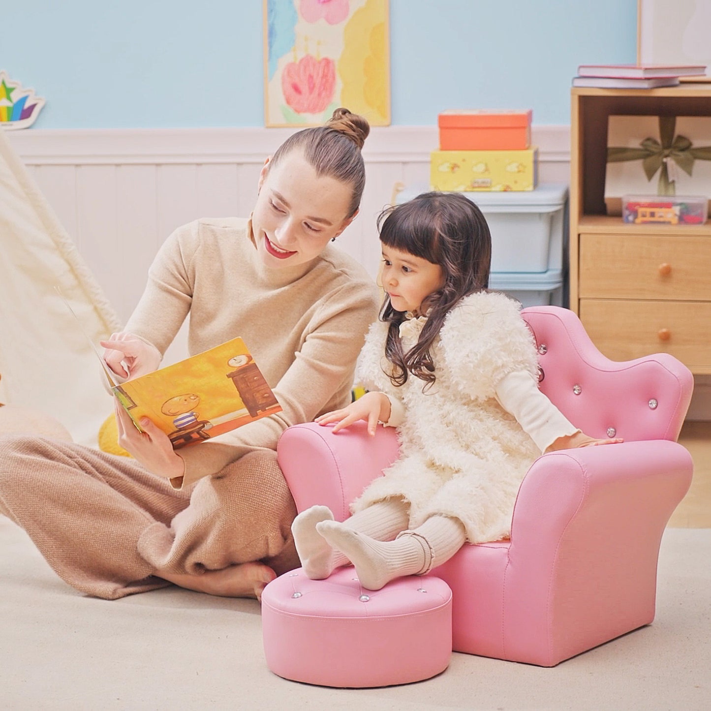 Children Kids Sofa Set Armchair Chair Seat with Free Footstool PU Leather for Girls 58L x 40.5W x 49H cm Pink