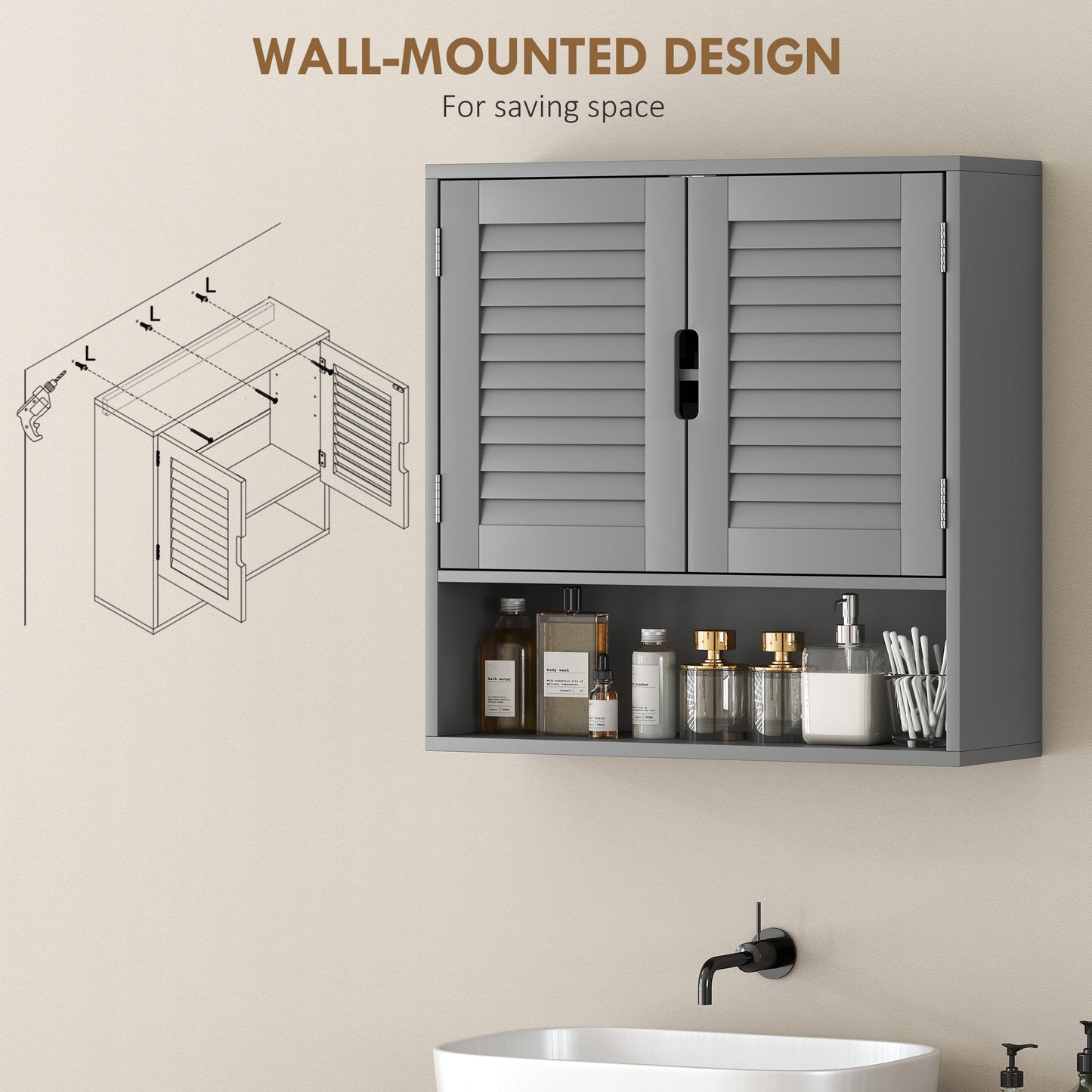 Bathroom Cabinet, Wall Mounted Storage Cabinet with Adjustable Shelves, 60 x 20 x 60 cm, Grey