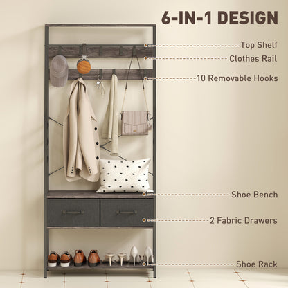Coat Rack with Shoe Storage, Hall Tree, Industrial Coat Stand with Shoe Bench, 10 Removable Hooks