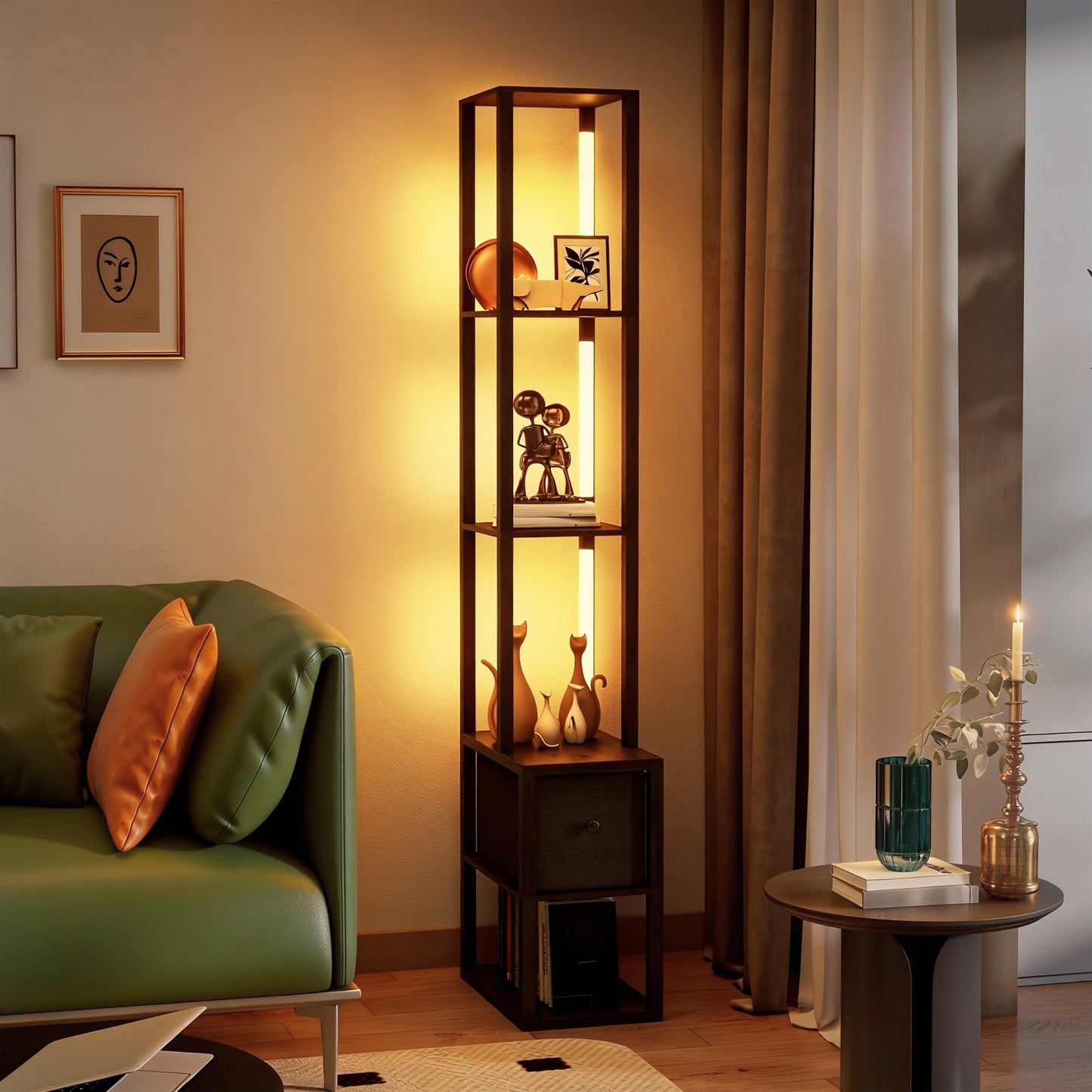 Floor Lamp with Shelves, LED Column Modern Standing Lamp with Fabric Drawer, Adjustable Brightness