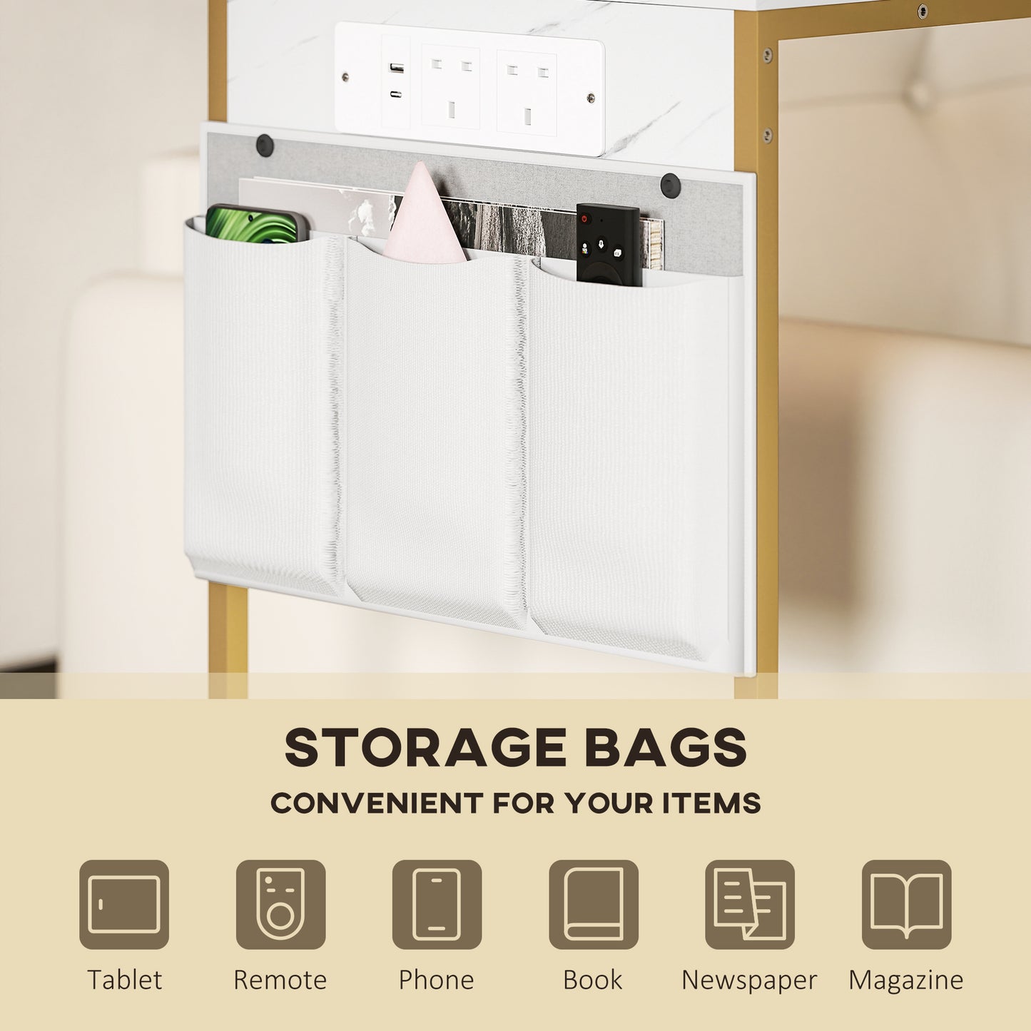 C-Shaped Bedside Table with Charging Station, Marble Grain Side Table with Power Outlets & USB Ports, Storage Bags