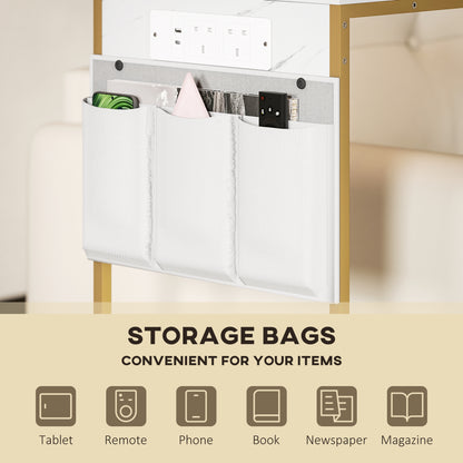C-Shaped Bedside Table with Charging Station, Marble Grain Side Table with Power Outlets & USB Ports, Storage Bags