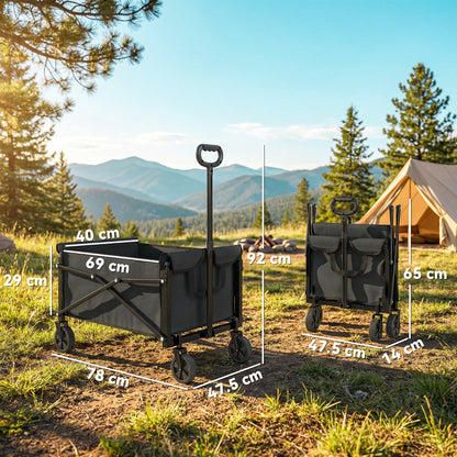 81L Festival Trolley on Wheels, Compact Garden Folding Trolley Cart with Adjustable Handle 80L Black