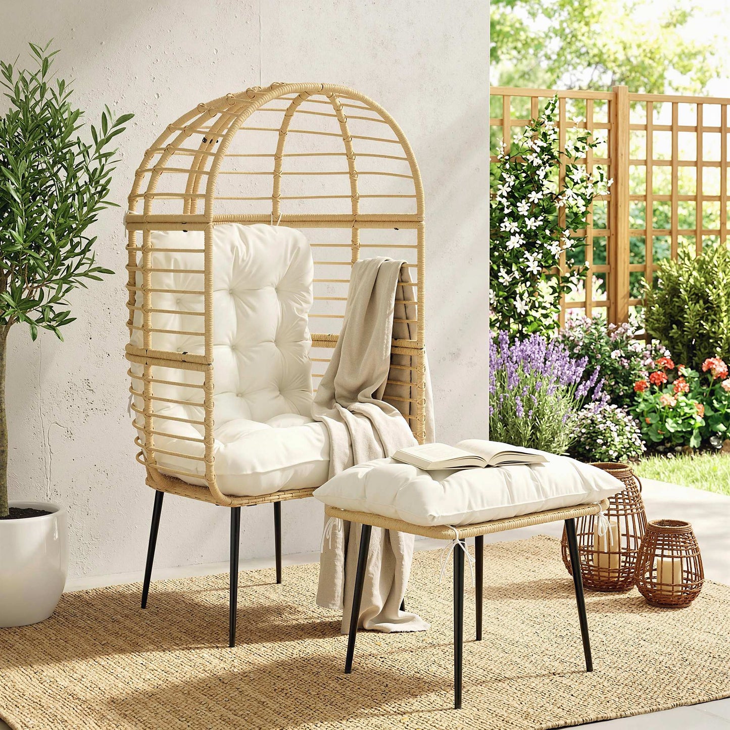Garden Egg Chair with Footstool, Rattan Indoor Outdoor Lounge Chair and Ottoman Set with Thick Cushions, Beige