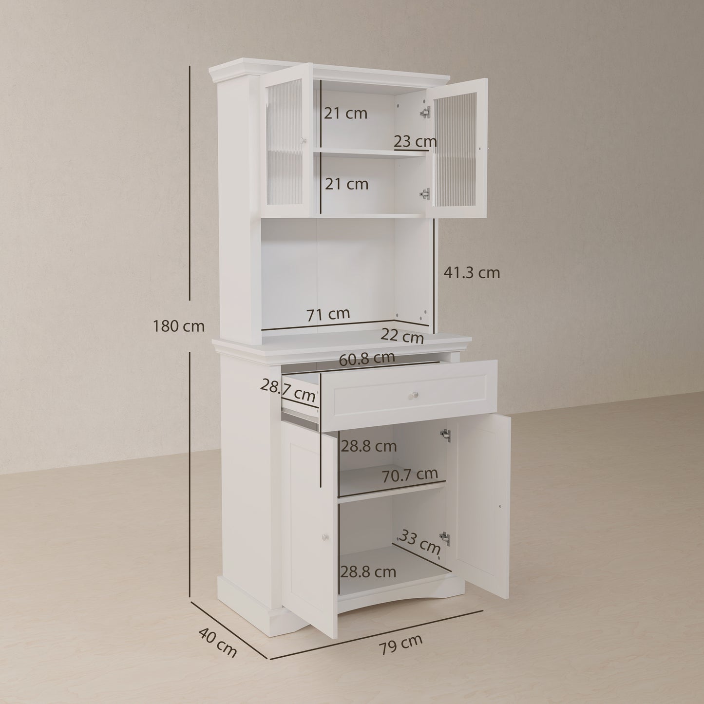 4-Door Kitchen Cupboard with Drawer, Freestanding Kitchen Cabinet with Glass Doors, Adjustable Shelves and Open Counter