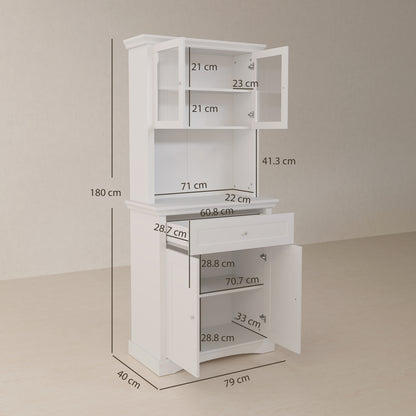 4-Door Kitchen Cupboard with Drawer, Freestanding Kitchen Cabinet with Glass Doors, Adjustable Shelves and Open Counter