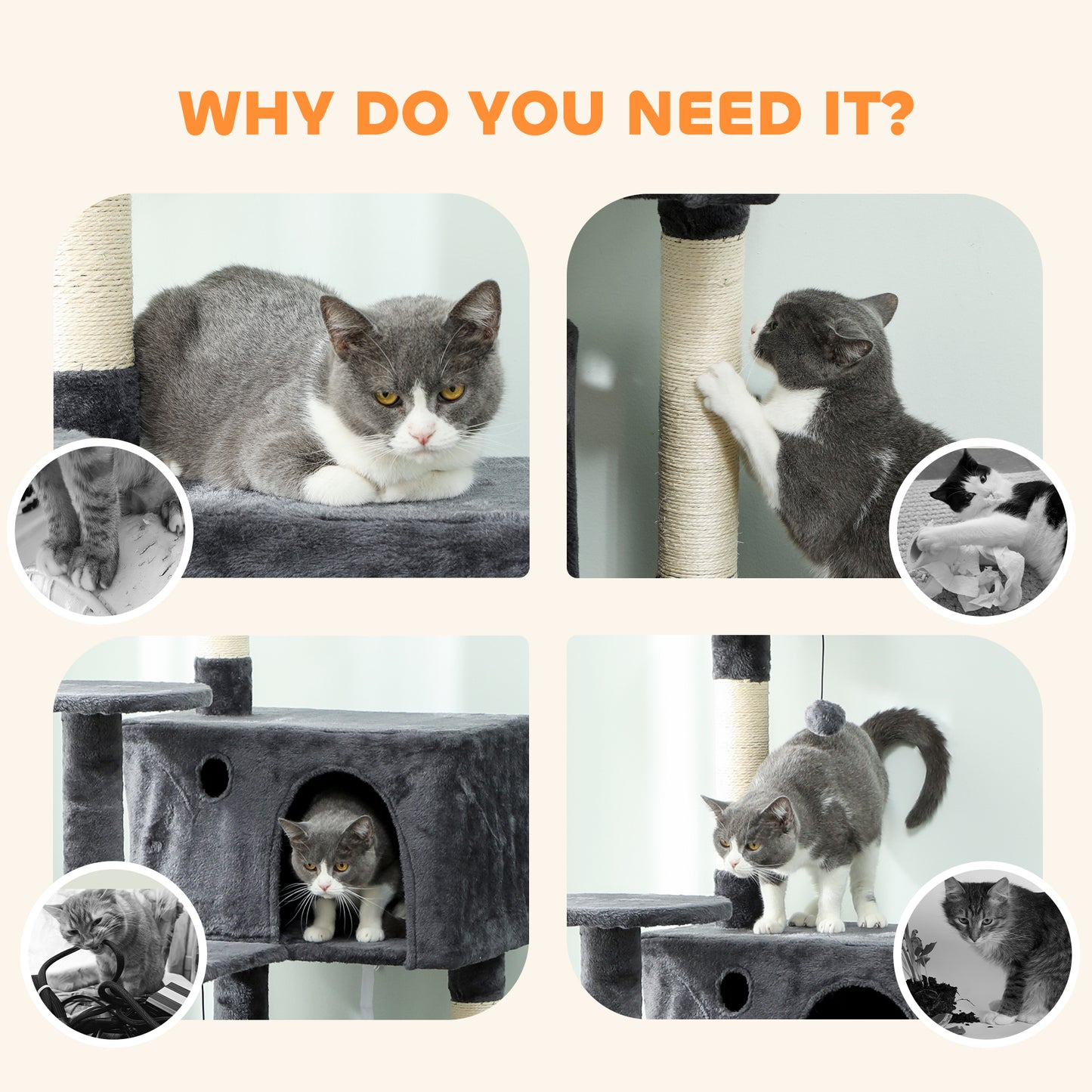 180cm Large Cat Tree Tower with Sisal Scratching Posts, Condos, Plush Perches, Hammock, Ladder, Dark Grey