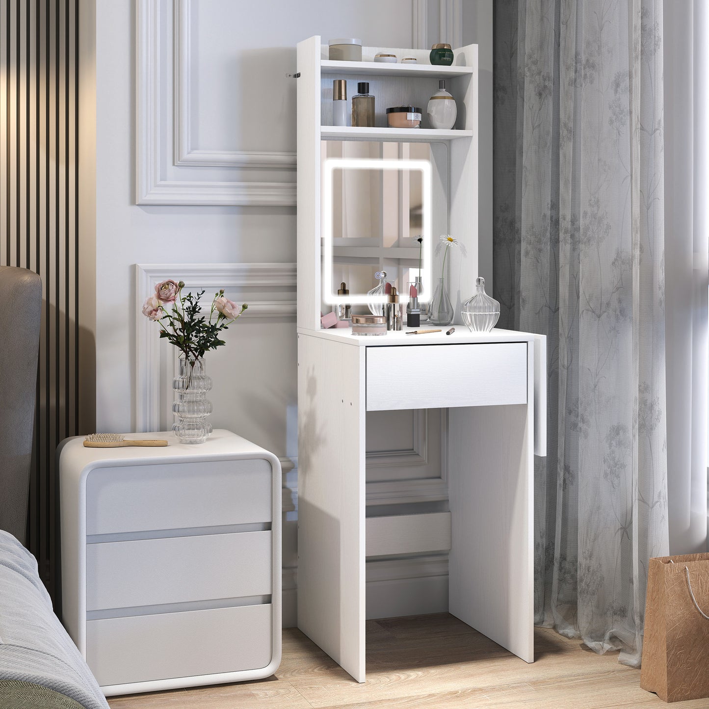 Small Vanity Desk with Mirror and LED Lights, Compact Dressing Table with Drop Leaf, Open Shelves and Drawer, White
