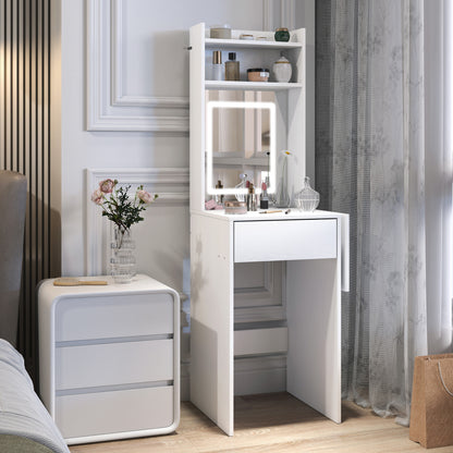 Small Vanity Desk with Mirror and LED Lights, Compact Dressing Table with Drop Leaf, Open Shelves and Drawer, White