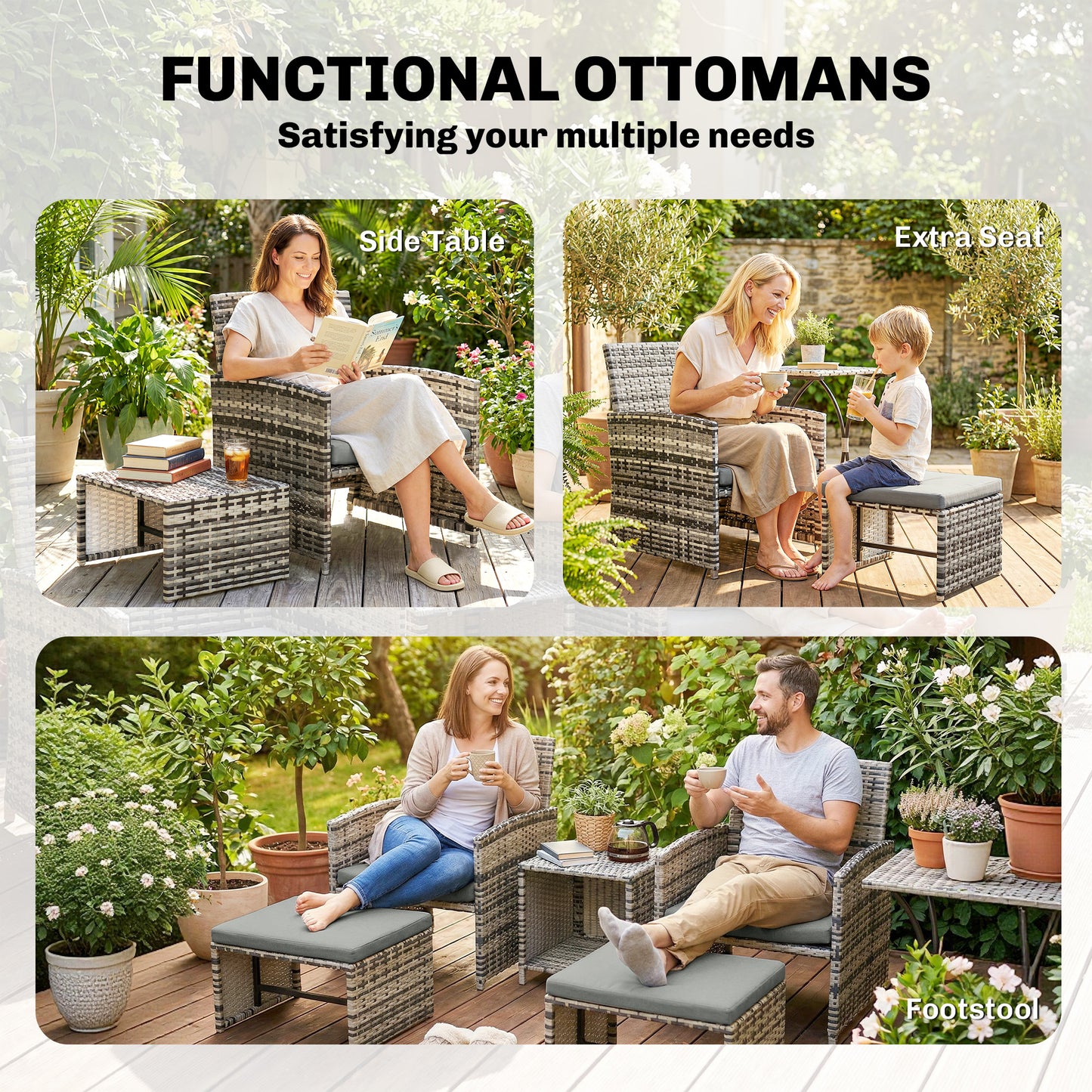 6 Piece Rattan Garden Furniture, Space-Saving Patio Furniture Set with Nesting Tables, Chairs, Stools, Cushions, Grey