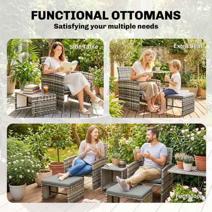 6 Piece Rattan Garden Furniture, Space-Saving Patio Furniture Set with Nesting Tables, Chairs, Stools, Cushions, Grey