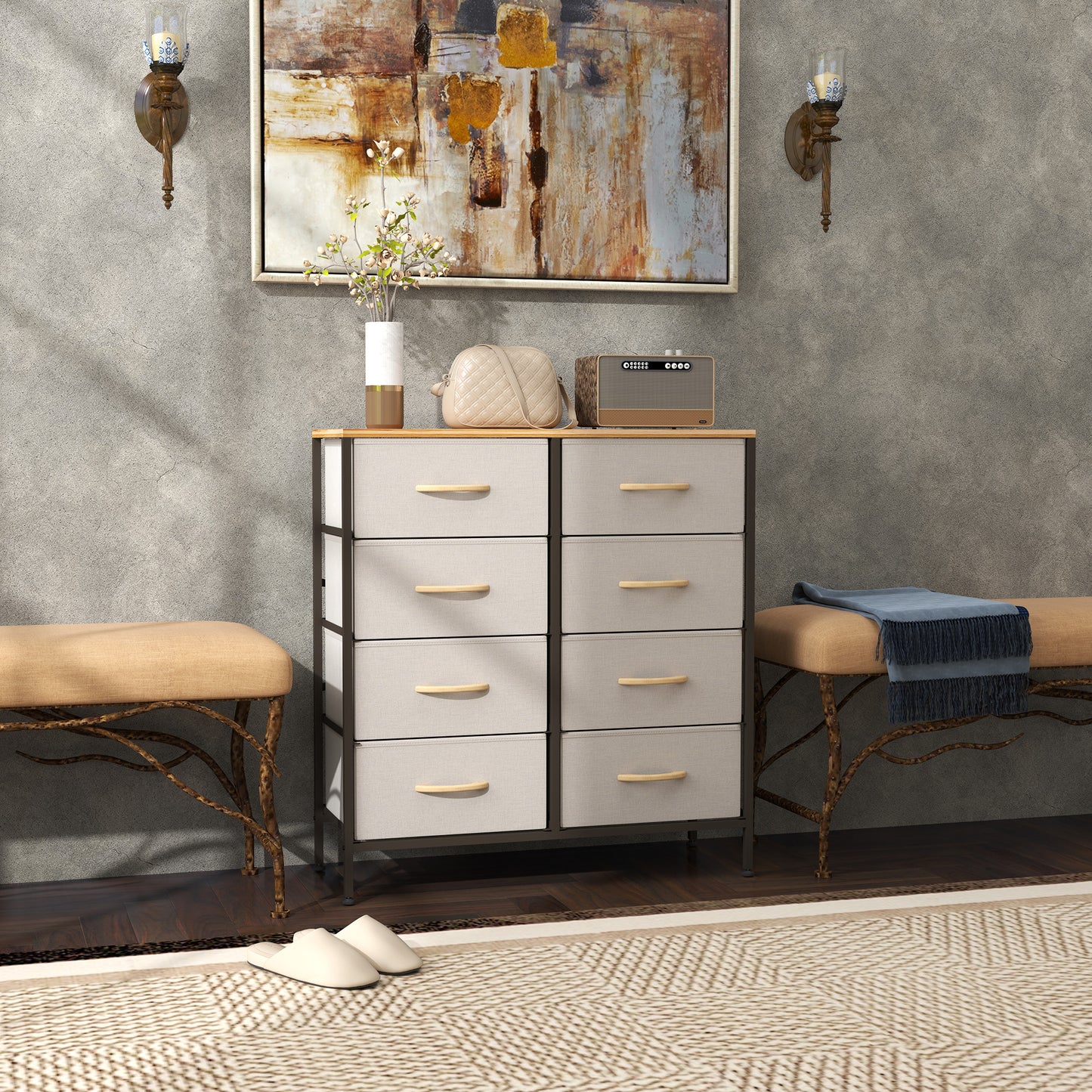 Fabric Chest of Drawers, Industrial Bedroom Dresser with 8 Fabric Drawers, Steel Frame and Wooden Top for Nursery