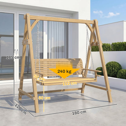2 Seater Garden Swing Seat, Wooden Swing Chair Bench with Cup Holders for Outdoor Porch Patio, Natural