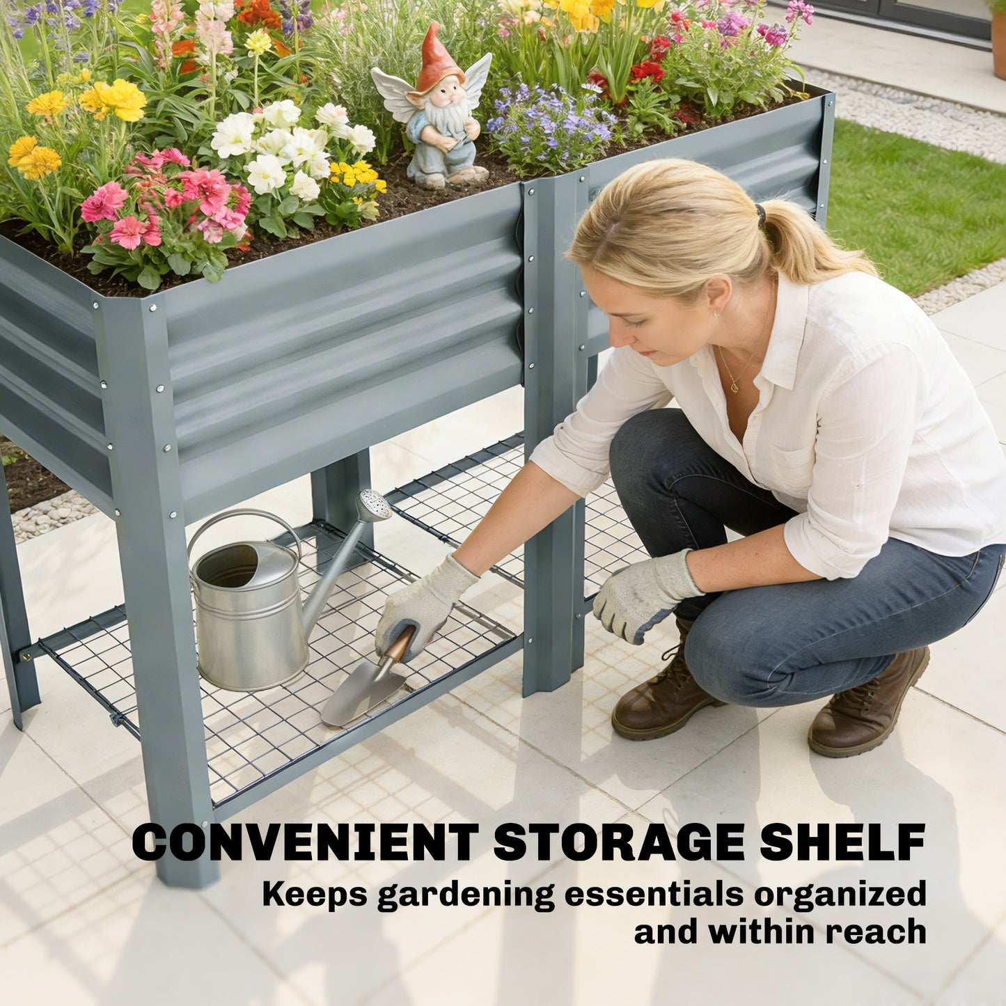 Raised Garden Bed with Storage Shelf Steel Elevated Planter Box with Legs for Outdoor Vegetables Flowers