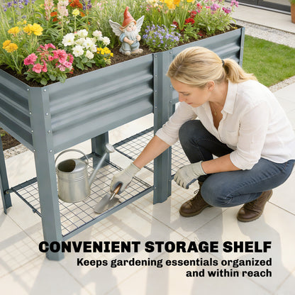 Raised Garden Bed with Storage Shelf Steel Elevated Planter Box with Legs for Outdoor Vegetables Flowers