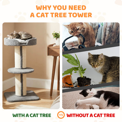91cm Cat Tree, Cat Tower with Scratching Post, Bed, Perch, Removable Cushion for Indoor Kittens, Grey