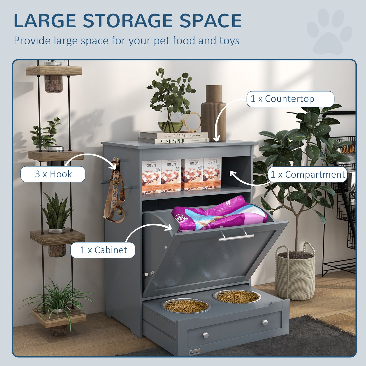 Pet Feeder Station, Dog, Cat Storage Container, with Raised Bowls, Hanger, Cabinet - Grey