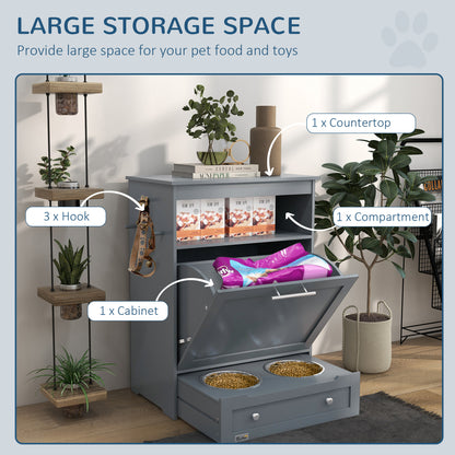 Pet Feeder Station, Dog, Cat Storage Container, with Raised Bowls, Hanger, Cabinet - Grey