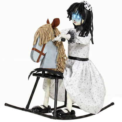Animated Halloween Girl Riding Horse, Halloween Animatronics with Creepy Rhymes, Glowing Eyes, Sound/Touch Activated