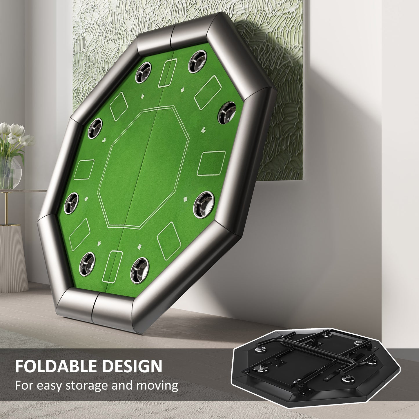 8 Player Folding Poker Table, Portable Octagon Blackjack Table with Cup Holders, Padded Edge, Green