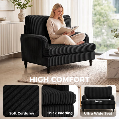 Corduroy Single Sofa Armchair, Modern Accent Chair with Stripes, Turned Legs and Wide Seat, Black
