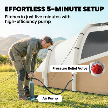 Inflatable Camping Tent w/ Air Pump, Easy Setup 2-3 Person Blow Up Tent, Khaki