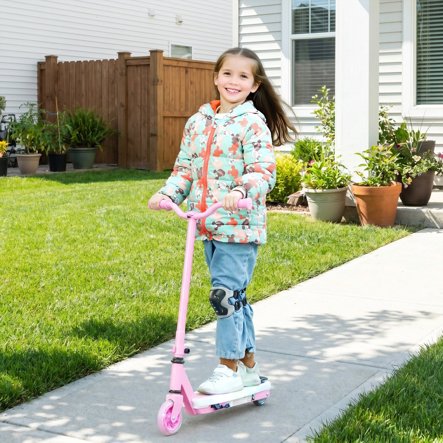 Electric Scooter for Kids Aged 4-7 Years, with Flashing LED Lights, Rear Auxiliary Wheels, Pink