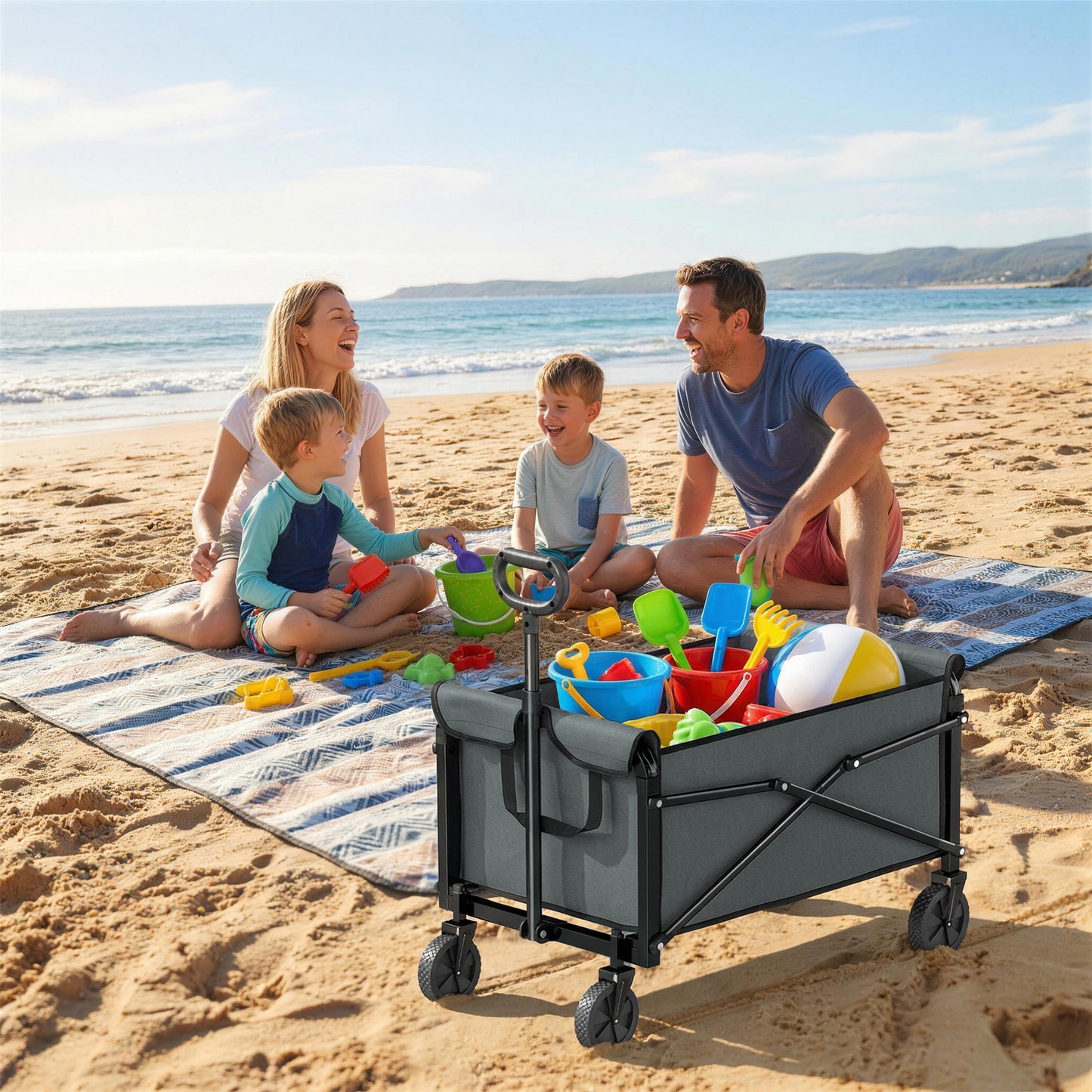 81L Festival Trolley on Wheels, Compact Garden Folding Trolley Cart with Adjustable Handle 80L, Grey