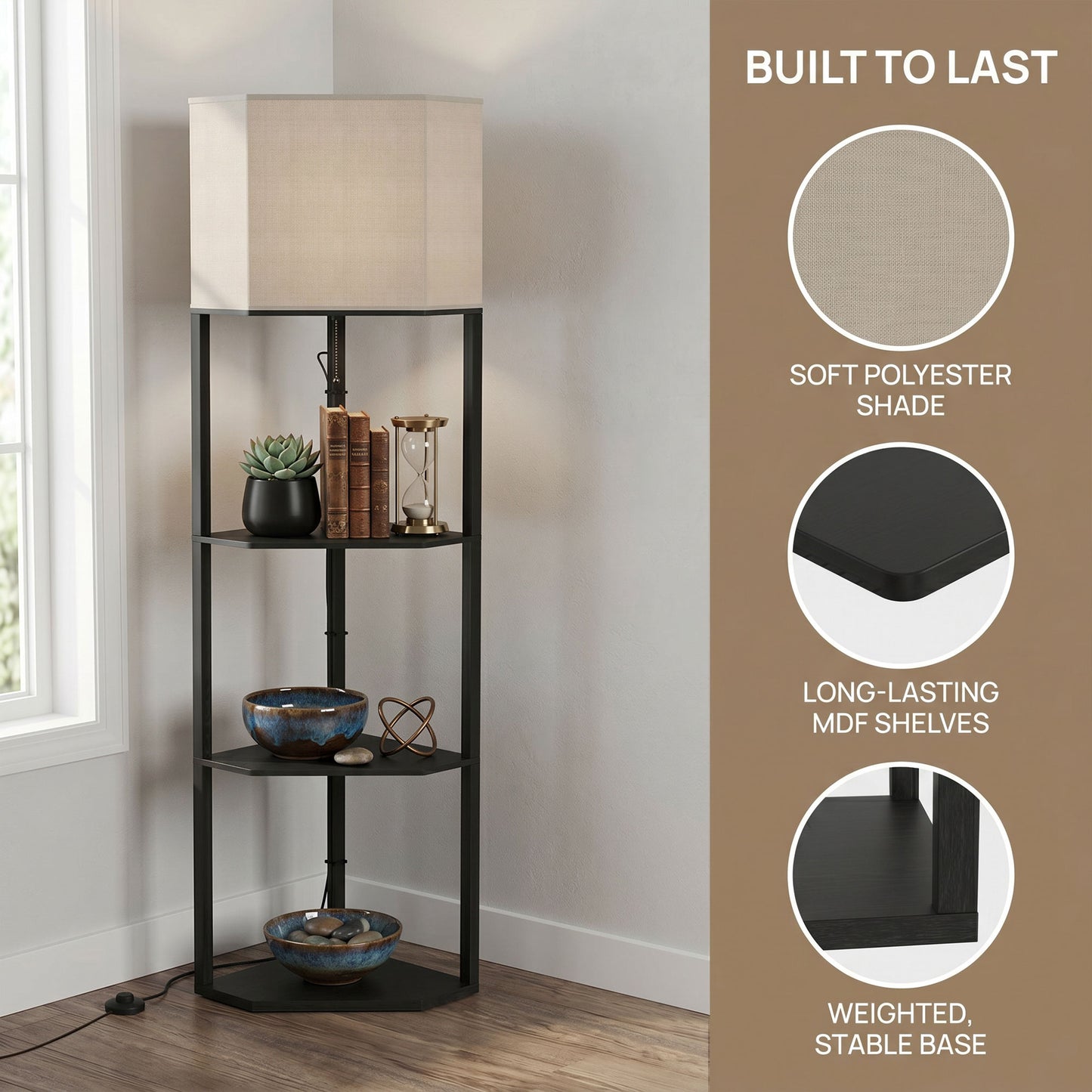 Corner Floor Lamp with Shelves and Lights, Modern Dimmable Standing Lamp with 3000K/4000K/6000K Colour Temperature