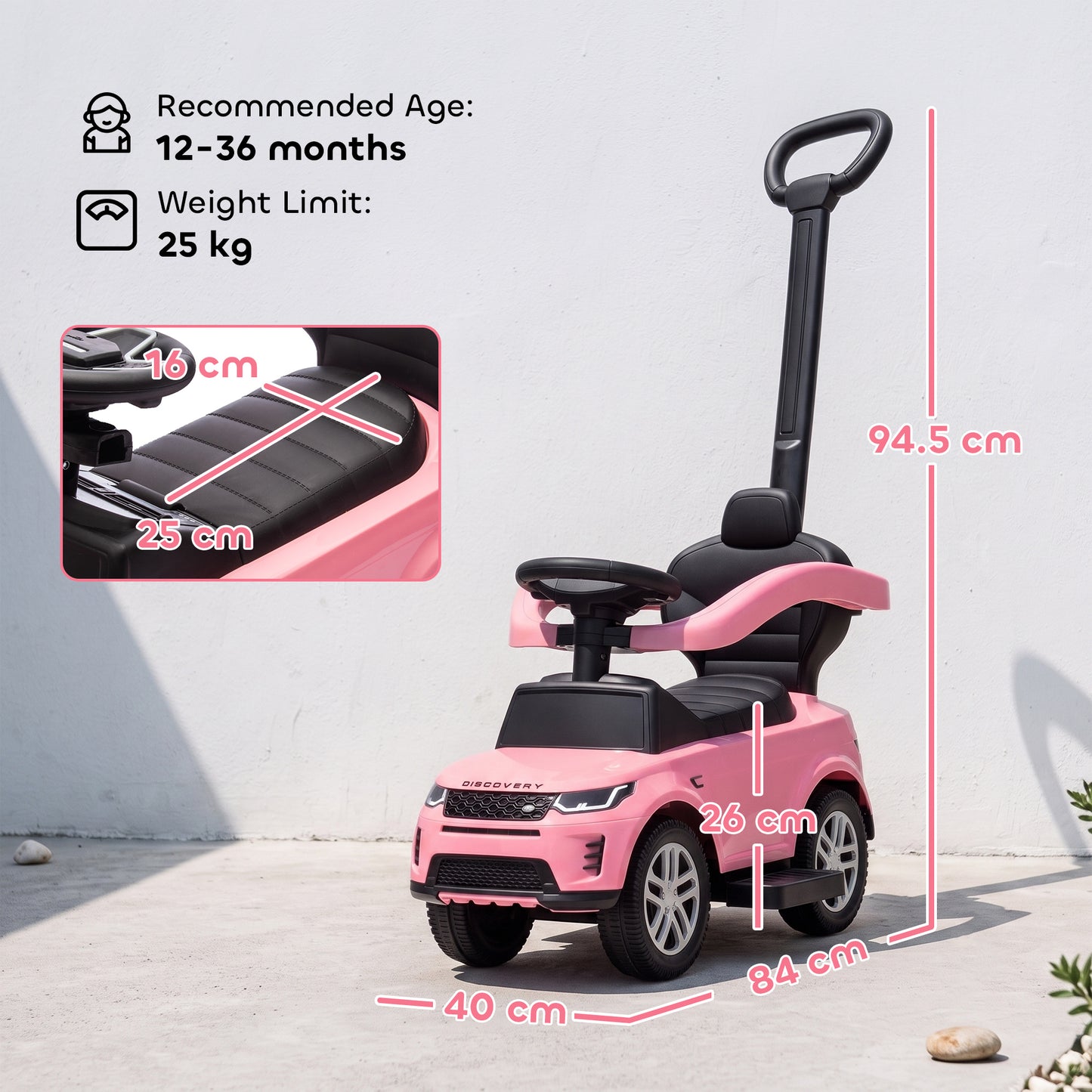 Land Rover Discovery Licensed Baby Push Car, 2-in-1 Ride on Car with Push Handle and Safety Guardrail, Pink
