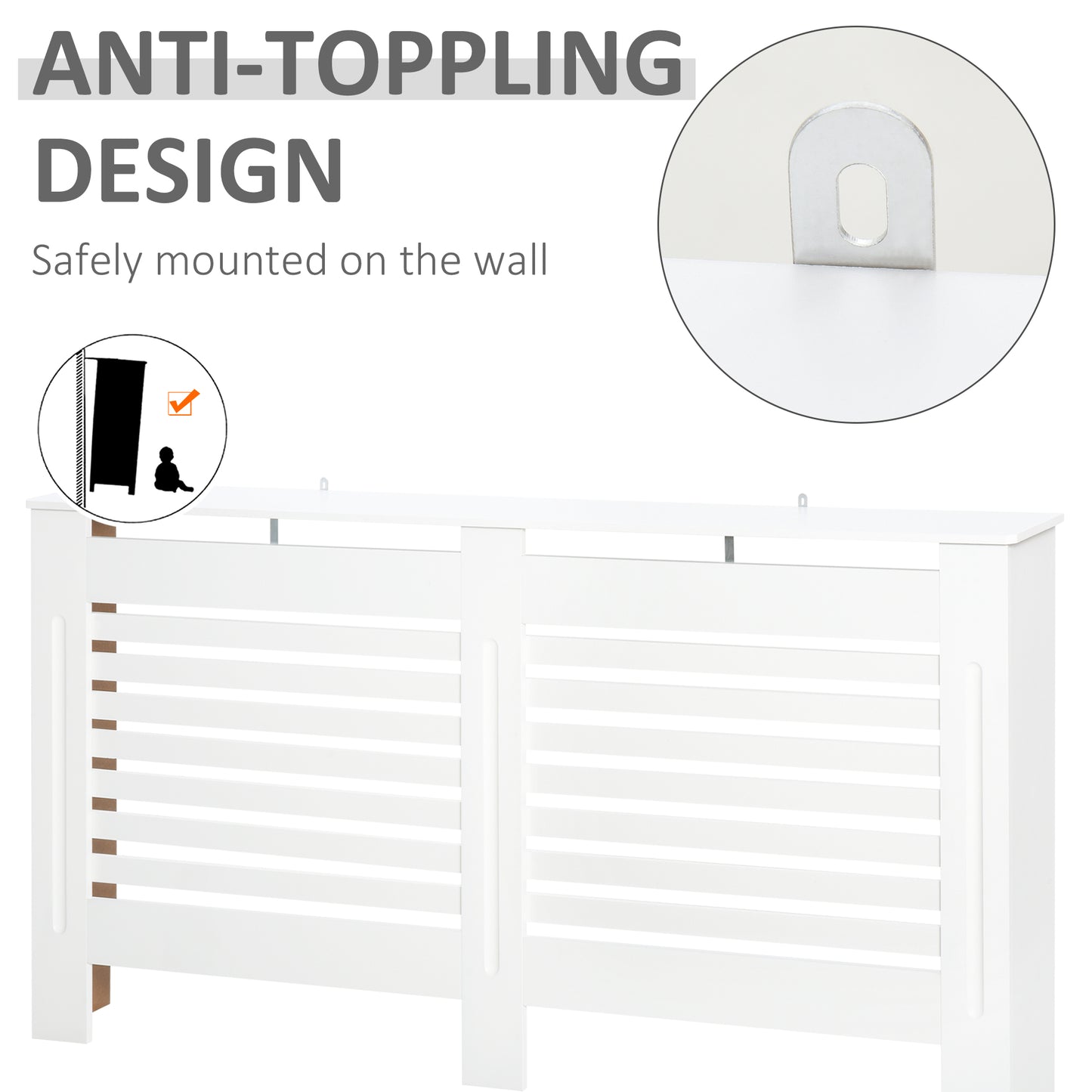 Radiator Cover, Modern MDF White Painted Cabinet with Horizontal Slats for Living Room, Bedroom, 172L x 19W x 81H cm
