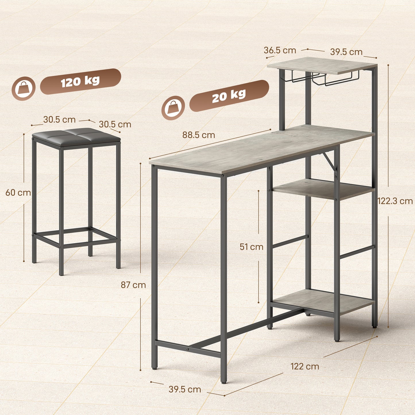 3 Piece Breakfast Bar Table and Stools Set, Washed Grey