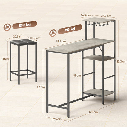 3 Piece Breakfast Bar Table and Stools Set, Washed Grey