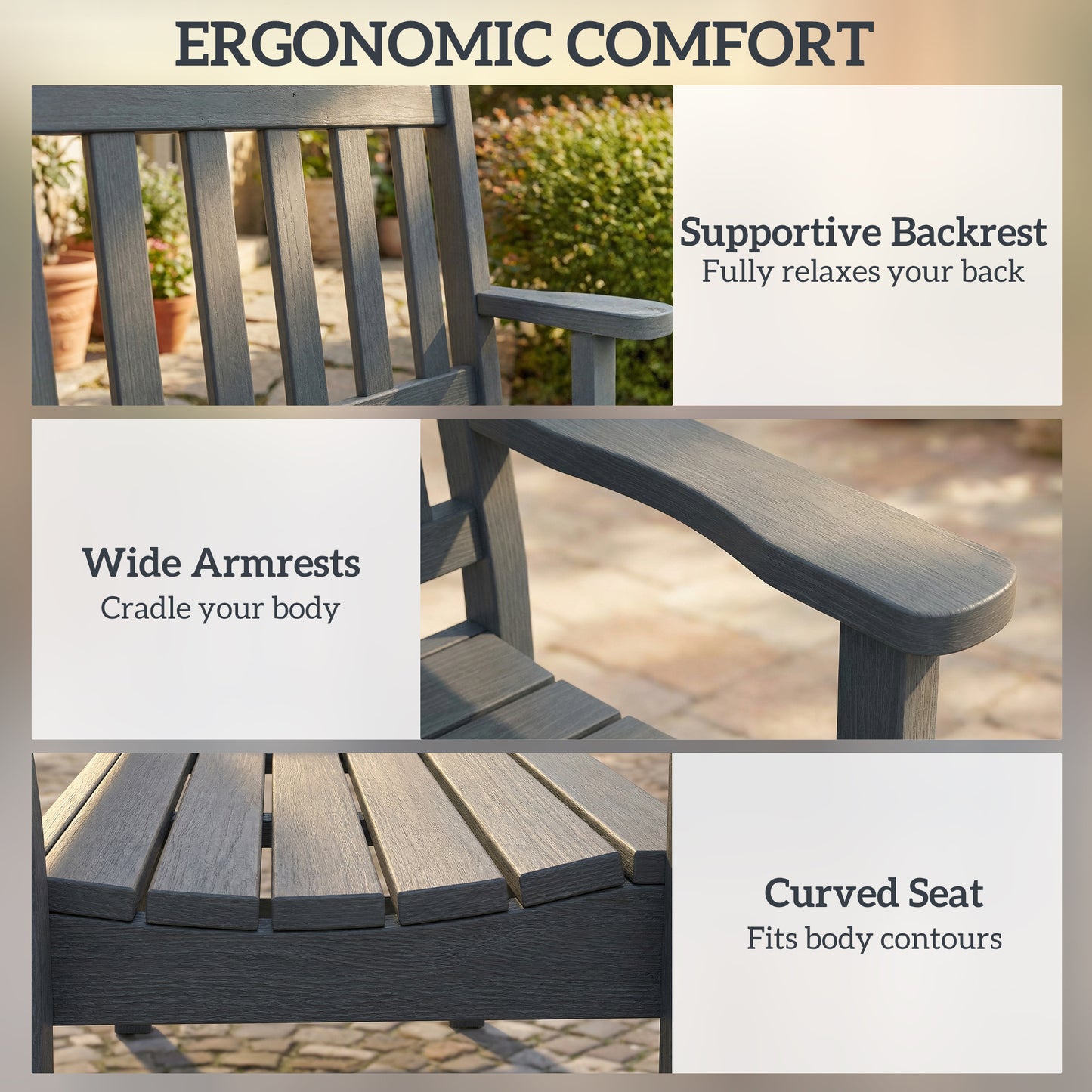 2 Seater Plastic Garden Bench, Outdoor Patio Bench with Armrest and Backrest, Weatherproof Outdoor Furniture for Balcony