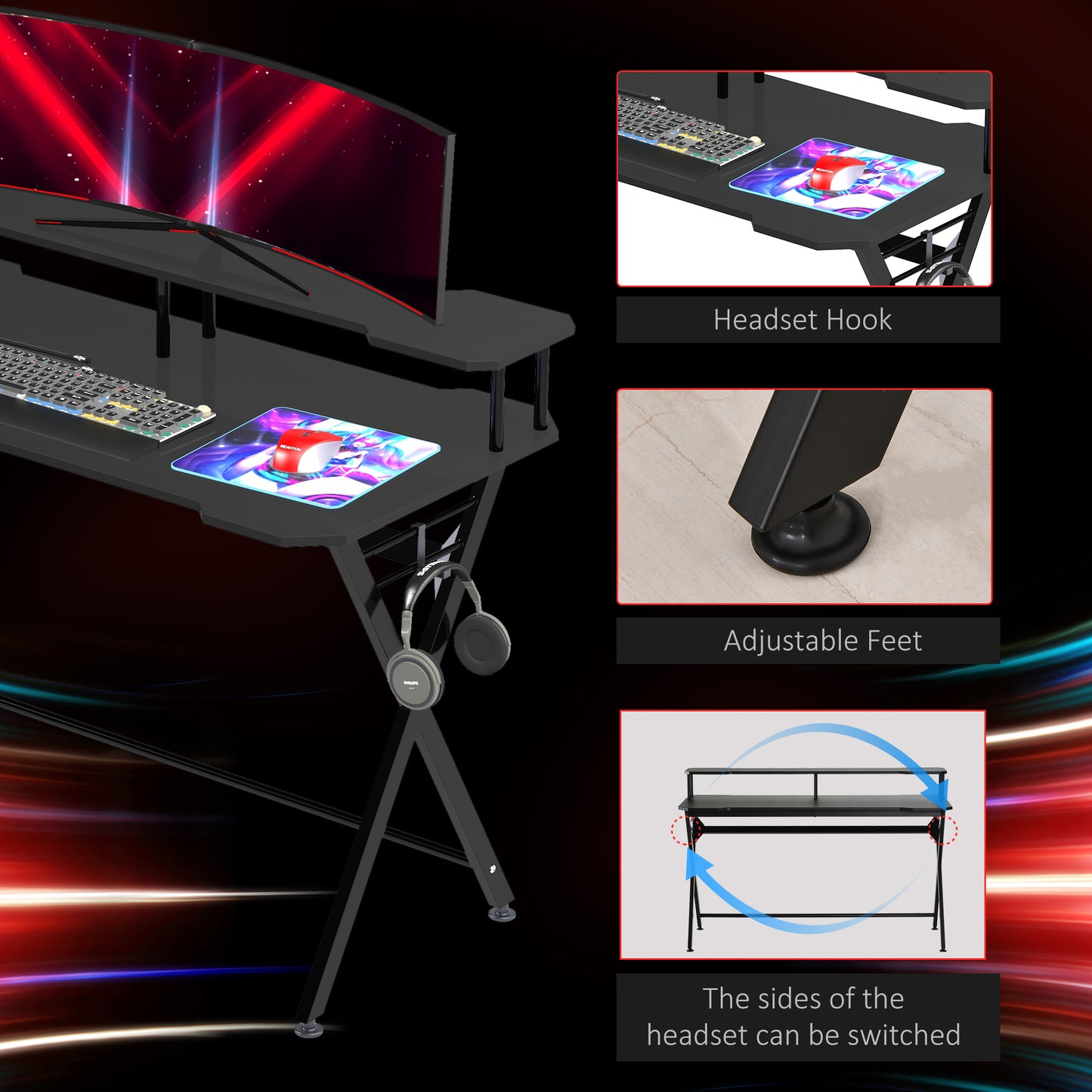 Gaming Desk Writing Racing Computer Table Workstation with Headphone Hook Curved Front Adjustable Feet for Home Office Use 14