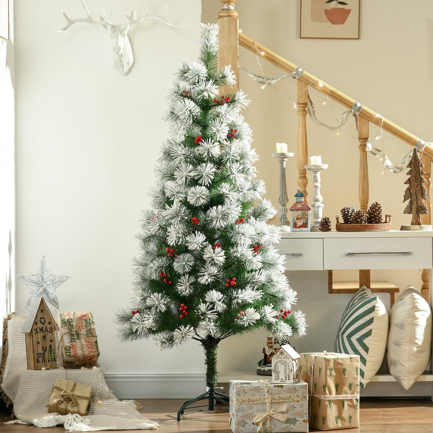 Indoor Christmas Tree Artificial Berry Xmas Decoration with Metal Stand and 184 Tips (5FT(150CM))