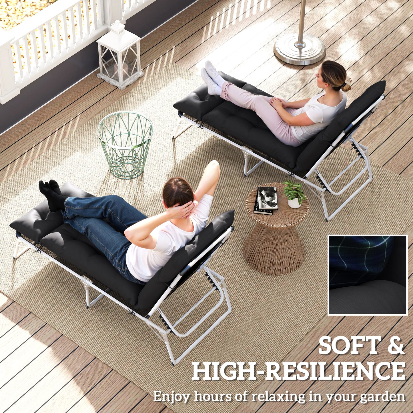 Set of Two 190 x 56cm Sun Lounger Cushions - Black