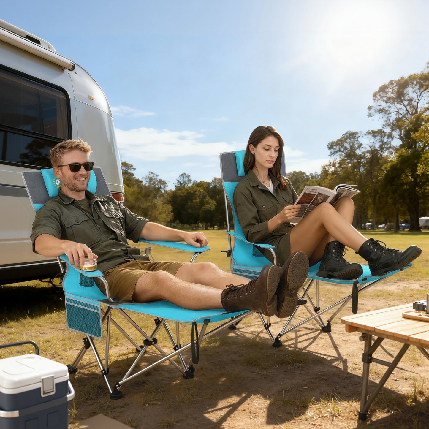 Set of 2 Reclining Folding Camping Chair w/ Detachable Footrest, Storage Bag, Cup Holder & Headrest, Blue and Grey