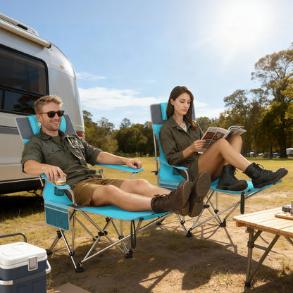 Set of 2 Reclining Folding Camping Chair w/ Detachable Footrest, Storage Bag, Cup Holder & Headrest, Blue and Grey