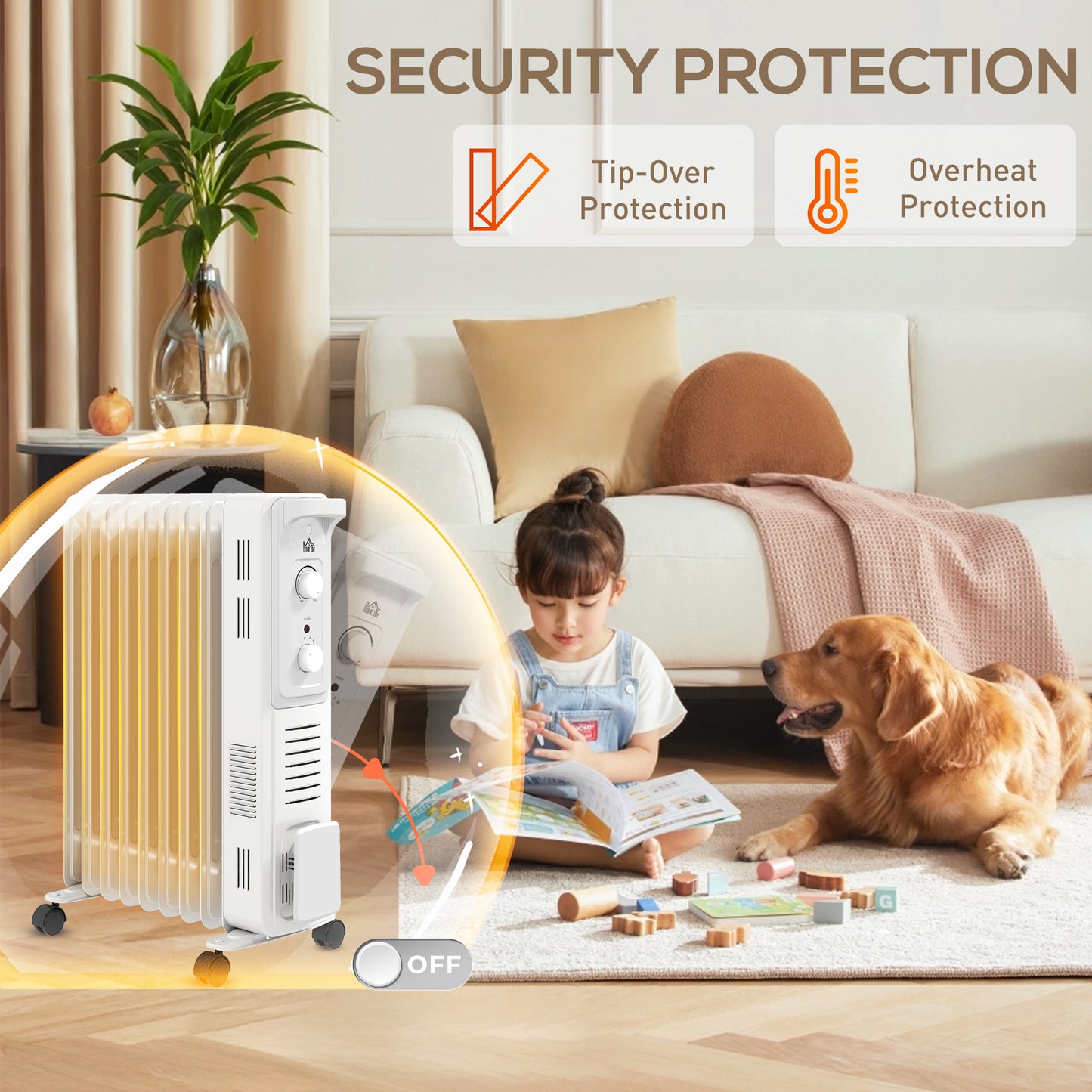2000W Quiet Oil Filled Radiator, 9 Fin Energy Efficient Portable Electric Heater with 3 Heat Settings, Adjustable Thermostat